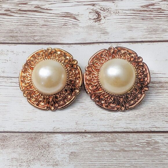 Vintage Clip On Earrings - 1.5" Large Statement Copper Tone with Faux Pearl - Picture 1 of 7